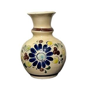 Vintage Mexican Pottery Vase 5” Tall Hand Painted Floral Folk Art Signed Mexico